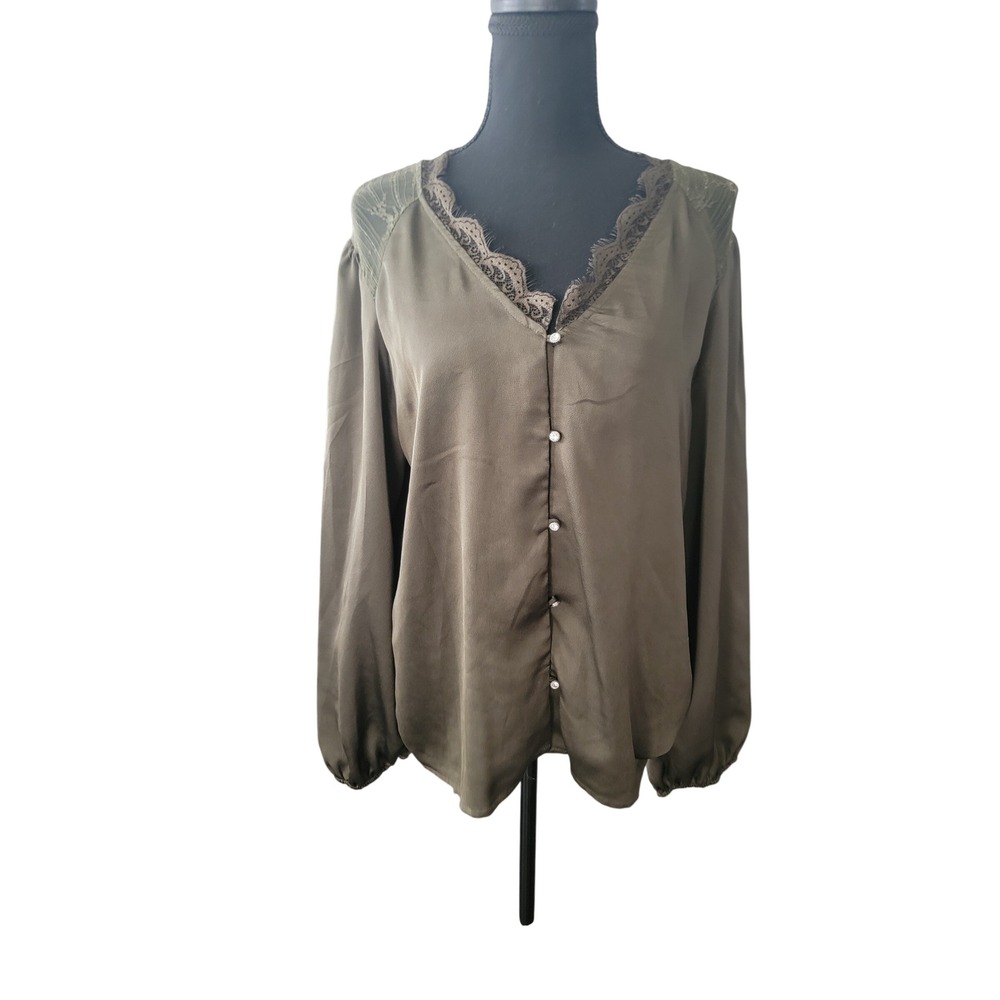 AUW Olive Green Lace Trim Satin V-Neck Blouse‎ Rhinestone Button Top XL